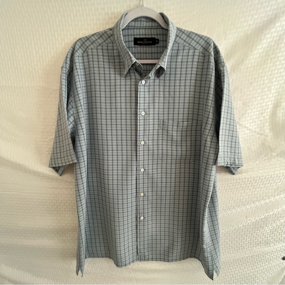 Bugatchi Uomo Short Sleeve Button Down Shirt Blue Plaid Size XL
